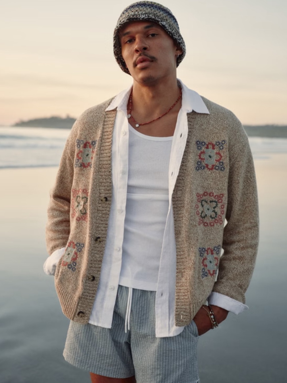 Abercrombie & Fitch floral men’s embroidered cardigan sweater tan granny square